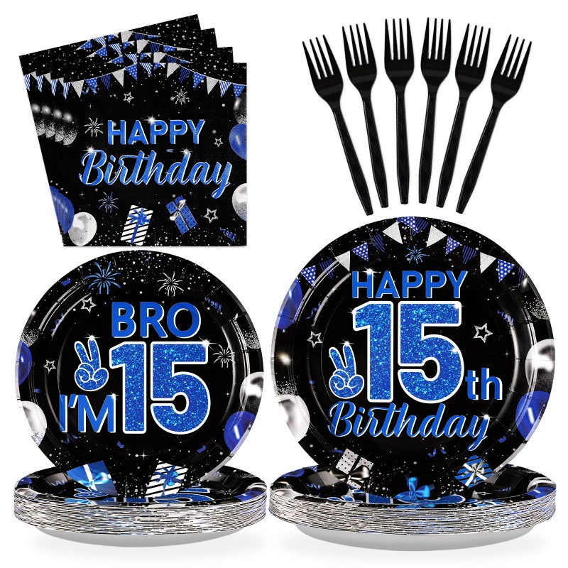 Grencian 96Pcs 15th Birthday Party Decorations for Boys Blue and Black 15th Birthday Plates Disposable Official Teen 15 Tableware for Teen Boys Im 15 Bro 15 Years Old Party Supplies Serves 24 - Image 1